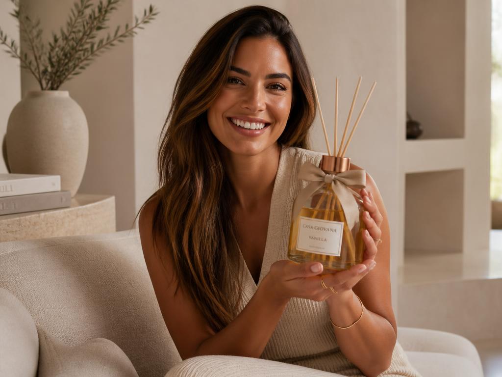 Cliente sorrindo segurando um difusor de varetas Liz Forlim na sala de casa
